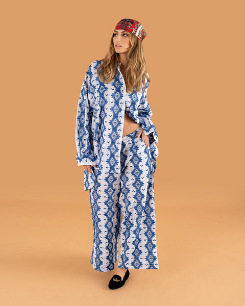 MAXI CAMICIA RICAMO BLUE GEOMETRICO